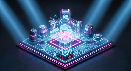 Futuristic ai brain on a glowing circuit board with neon lights