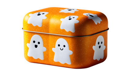 Pumpkin shaped cookie tin decorated with ghost sticker, isolated on white background