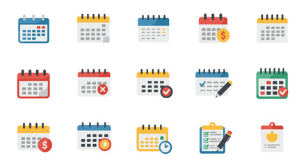 Colorful calendar icons with events and reminders in flat style for digital planning