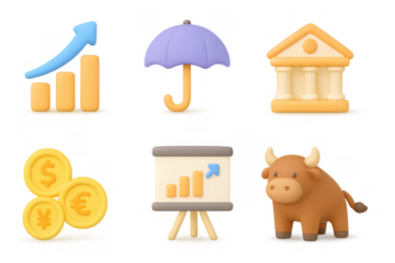 Trendy 3d finance icons featuring bull, coins, graph, umbrella, and ba