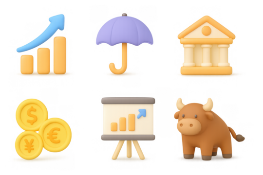 Trendy 3d finance icons featuring bull, coins, graph, umbrella, and ba