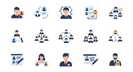 Human resources icons featuring diverse professional avatars and interconnected teamwork elements