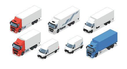 Modern isometric truck and van collection for transport and delivery design projects
