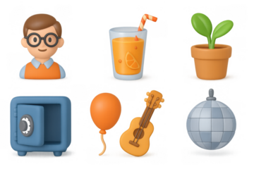 Whimsical 3d cartoon icons of daily objects and activities