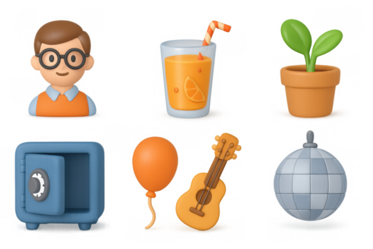 Whimsical 3d cartoon icons of daily objects and activities