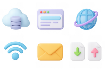 Colorful 3d technology icons: cloud, globe, wifi, email, data transfer