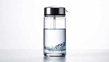Clear water-filled container with black lid on white background.