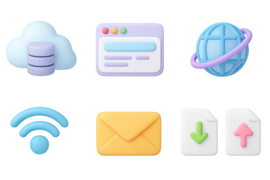 Colorful 3d technology icons: cloud, globe, wifi, email, data transfer