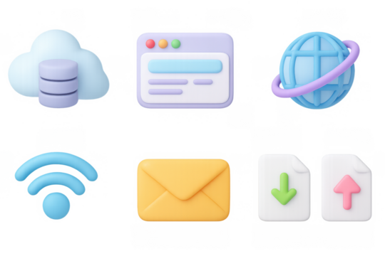 Colorful 3d technology icons: cloud, globe, wifi, email, data transfer - Powered by Adobe