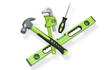 Various construction tools like hammer, pliers, screwdriver and tape measure, isolated on white background, concept of home repair