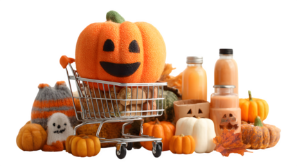 Pumpkin sitting in shopping cart full of Halloween items, carved smile, isolated on white