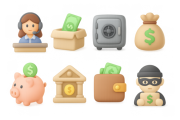 3d money and banking icons with safe, piggy bank, and thief elements