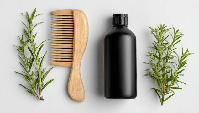Natural hair care products, wooden comb, black bottle, rosemary sprigs