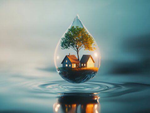 Nature's embrace a tree-house within a drop of water surreal art tranquil environment dreamy viewpoint