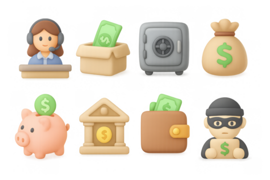 3d money and banking icons with safe, piggy bank, and thief elements