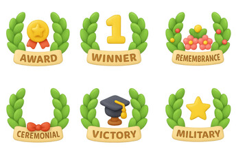 Colorful 3d award badges with laurels and symbols for achievements and