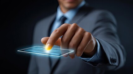 Strategic business blueprint outlining full plan concept. Businessman using futuristic technology interface touchscreen.
