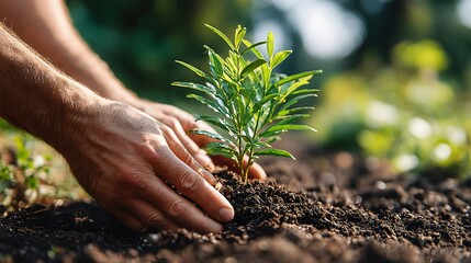Fototapeta premium Close-up of a person's hands skillfully planting a young tree into fertile soil under bright sun