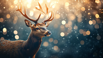 Festive Deer with Antlers Against Sparkling Bokeh Background