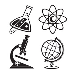 A collection of science icons isolated on white background, featuring a flask, atom, microscope, and globe, representing scientific exploration and discovery in various fields of study