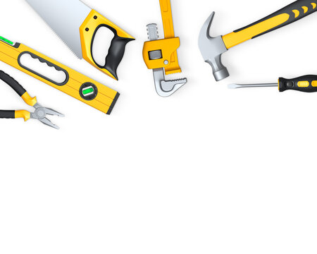 Various hand tools such as saw, screwdriver, hammer, wrench, pliers, and level isolated on white background with clipping path - Powered by Adobe