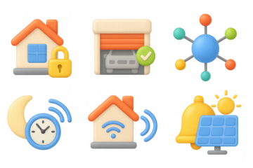 Smart home 3d icons featuring security, automation, and connectivity e