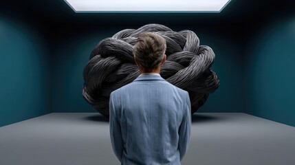 Man facing tangled lines of complex problem concept. A person observing a large abstract sculpture in a gallery space.