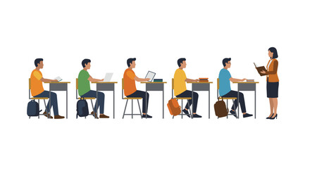 Classroom scene with teacher and students engaged in learning activities