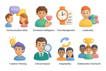 3d workplace skills icons: communication, leadership, creativity, analysis, adaptability, teamwork