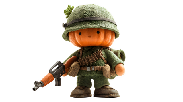 Pumpkin soldier with toy rifle and helmet, isolated on white - Powered by Adobe