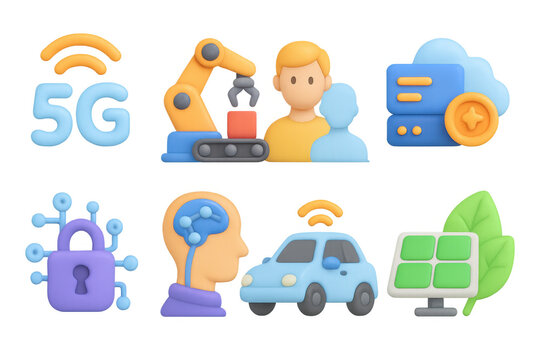 Colorful 3d icons of 5g technology, automation, and renewable energy - Powered by Adobe