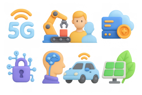 Colorful 3d icons of 5g technology, automation, and renewable energy