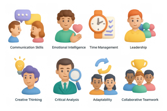 3d workplace skills icons: communication, leadership, creativity, analysis, adaptability, teamwork