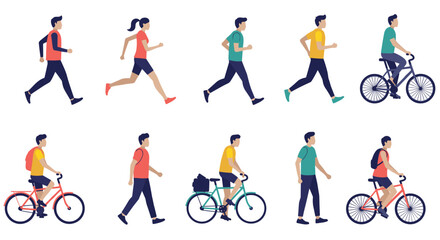 Fototapeta premium Active people walking and cycling in colorful flat design
