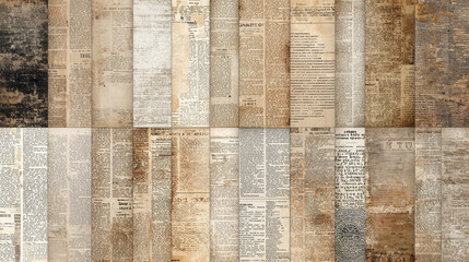 Old newspaper collage showcases historic articles and advertisements from various decades in a textured layout