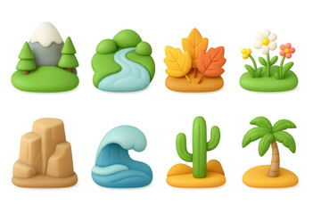 3d nature icons: seasonal landscapes and plants in a playful style