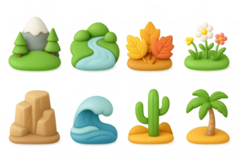 3d nature icons: seasonal landscapes and plants in a playful style