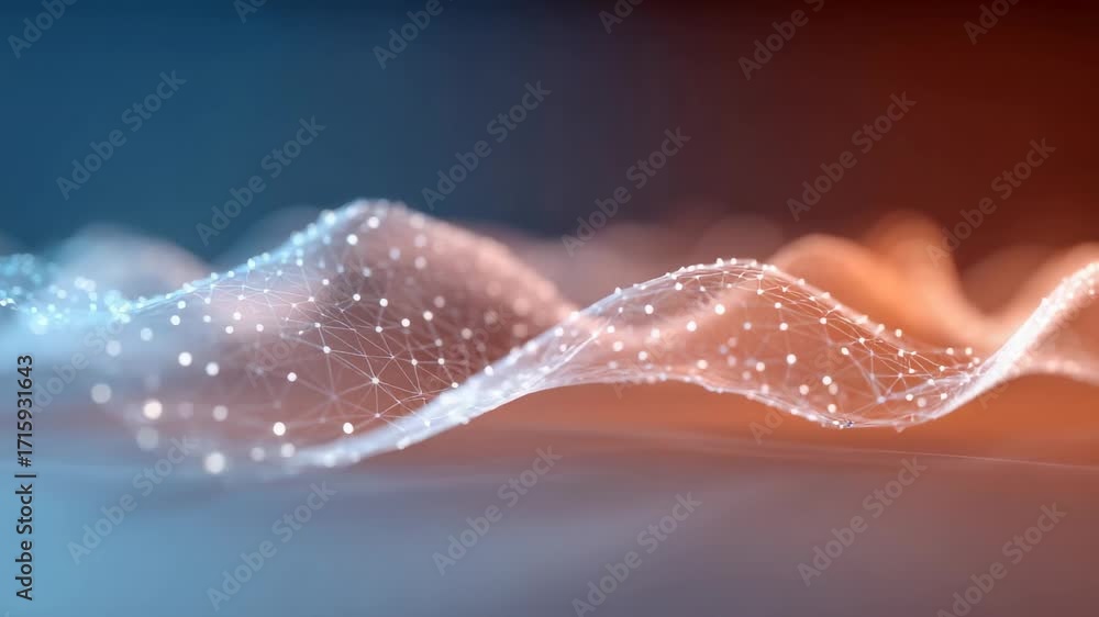 Poster complex network of interconnected glowing dots forming a dynamic wave like pattern, symbolizing data