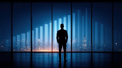 Strategic business blueprint outlining full plan concept. Silhouette of a businessman analyzing financial growth data.