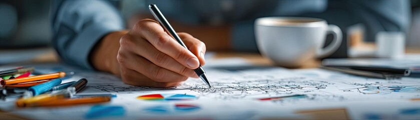 Strategic business blueprint outlining full plan concept. A close-up of a hand drawing on a colorful sketchbook.