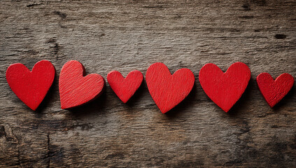 Fototapeta premium Wooden red hearts arranged in a line on a rustic wooden surface, perfect for expressing love and affection
