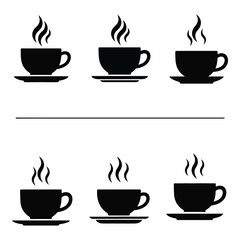 Six silhouette coffee cup icons with steam representing hot beverages and morning routines silhouette
