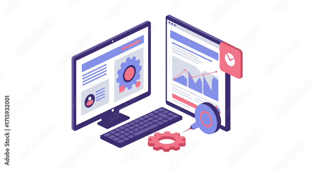 Aufkleber isometric digital analytics and data visualization on dual monitors