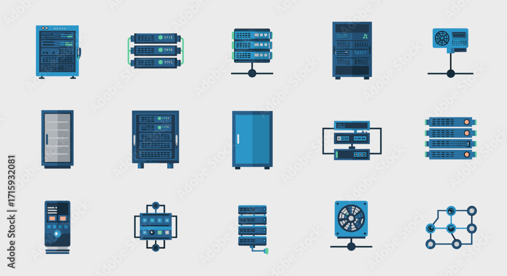 Poster set of data center and server icons in modern flat style