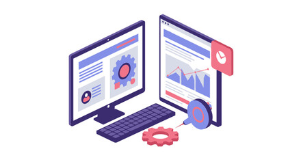 Isometric digital analytics and data visualization on dual monitors