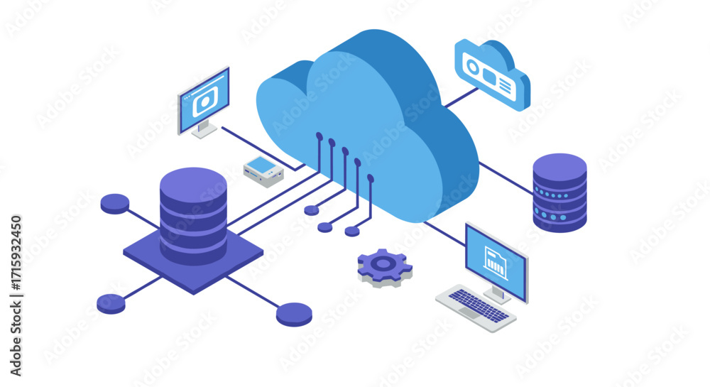 Poster isometric cloud computing concept with data servers and devices