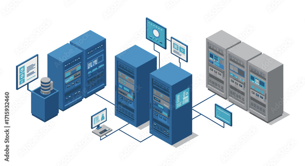 Poster isometric data center network with connected servers and monitors in blue and gray