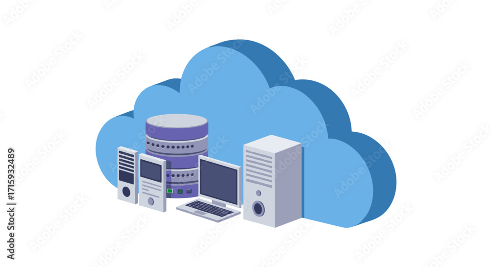 Poster isometric cloud computing concept with servers and computers