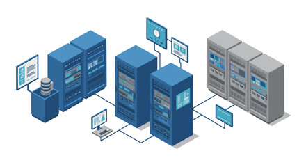 Obraz premium Isometric data center network with connected servers and monitors in blue and gray
