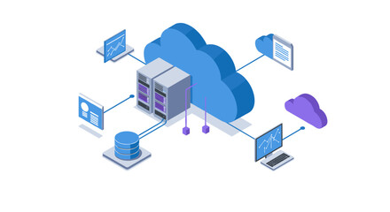 Cloud computing network diagram with isometric design featuring data servers and connections